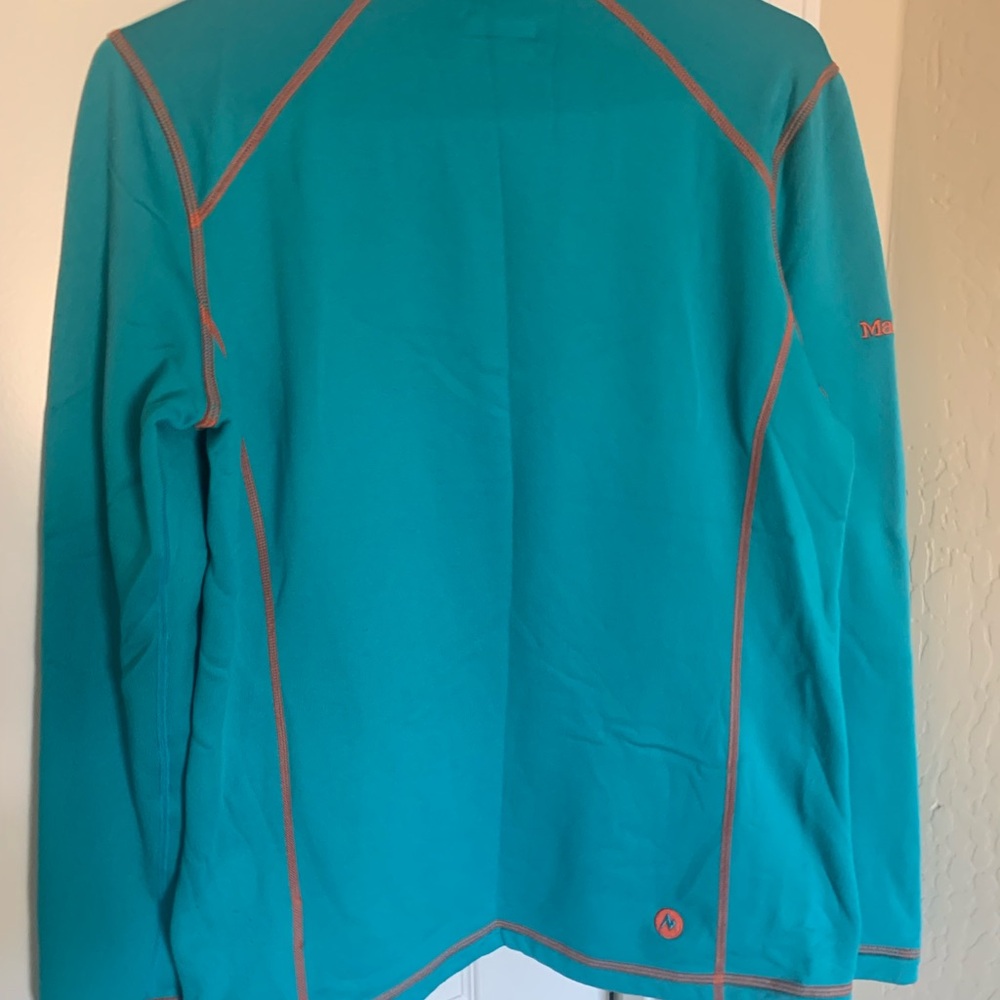 Marmot Teal Fleece with Orange Stitching Size M Vertical Zipped Pocket - Picture 6 of 12